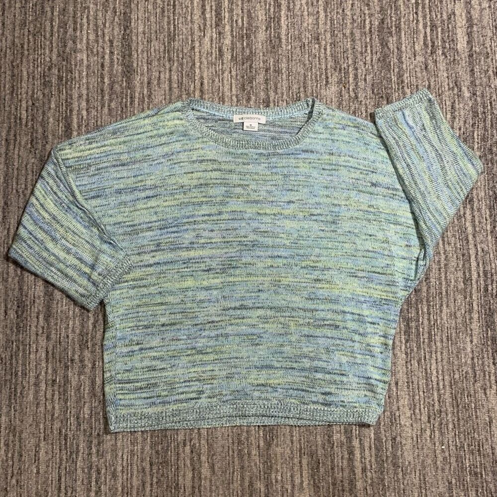 Liz Claiborne Womens Size Medium Blue Green Knit Cropped Pullover Sweater Spring